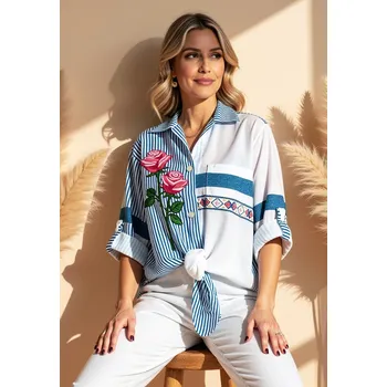 Dámská košile Bílo-modrá dámská košile s asymetrickým vzorem M1120 Blue Velikost: S/M