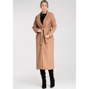 Dámský kabát Dámský béžový dlouhý kabát s límečkem a kapsami M1114 Beige Velikost: S/M