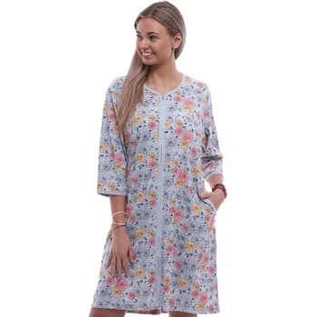 Dámská noční košile Šedý župan nebo košilka pro ženy či dívky celopropínací na zip a růžové a žluté kvítí 1G0635 šedá 2xl
