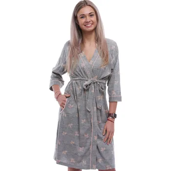 Dámský župan Šedý lehký župan pro ženy s růžovými lístky a tmavě šedým šrafovaným vzorem 1G0696 šedá xl