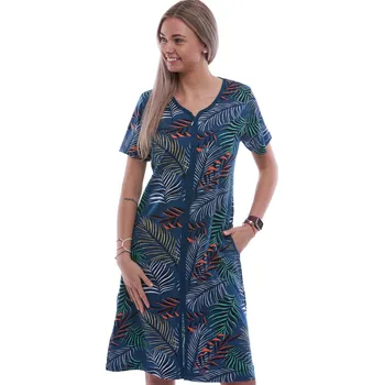 Dámská noční košile Modrý župan nebo košilka pro ženy či dívky celopropínací na zip vzor barevné kapradí 1G0690 modrá m