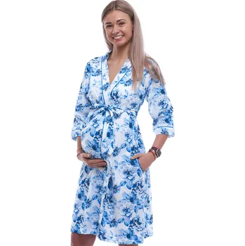 Dámský župan Bílý lehký dámský župan do porodnice na kojení, vzor krásné modré květy 1G0645 bílá l