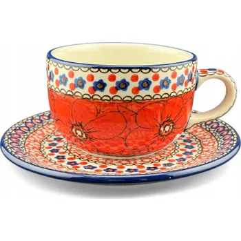 UNIKÁT Šálek s podšálkem Červené květy 200 ml U408E Bolesławiec