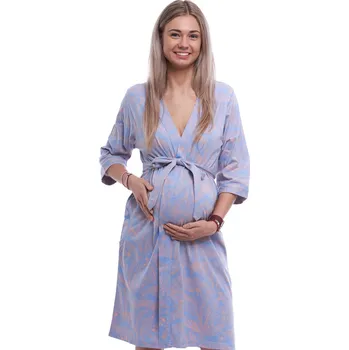 Dámský župan Modrý lehký župan do porodnice na kojení vzor růžové listí 1G0650 modrá l