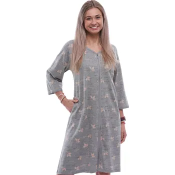 Dámské noční prádlo Šedý župan nebo košilka na kojení se zipem s růžovými lístky a tmavě šedým šrafovaným vzorem 1XL-4XL 1G0676 šedá 1xl