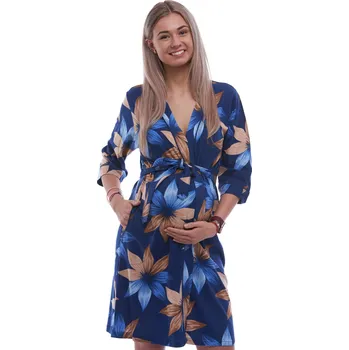 Dámský župan Modrý i hnědý lehký župan do porodnice na kojení listové květy 1G0649 modrá xxl
