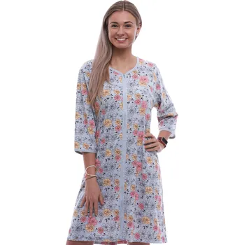 Dámská noční košile Šedý župan nebo košilka pro ženy na kojení celopropínací na zip a růžové a žluté kvítí 1G0635 šedá 1xl