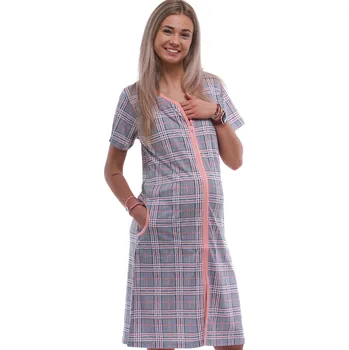 Dámská noční košile Růžový a šedě károvaný župan nebo košilka těhotenská i kojící na zip 1G0643 šedá xl