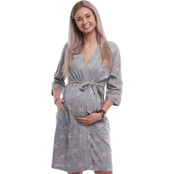 Dámský župan Šedý lehký župan na kojení do porodnice s růžovými lístky a tmavě šedým šrafovaným vzorem 1G0696 šedá s