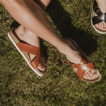 Pánské pantofle Vasky Cork Cognac - Pánské kožené pantofle hnědé | česká výroba ze Zlína 47 EU