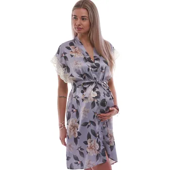 Dámský župan Šedý saténový župan do porodnice a vzor žluté růže 1E8524 šedá xl