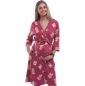 Dámský župan Malinový lehký župan do porodnice na kojení vzor plyšoví medvědi 1G0647 růžová s