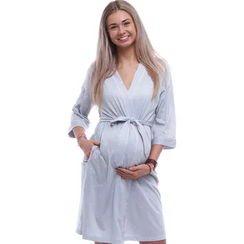 Dámský župan Šedý jemně pruhovaný lehký župan do porodnice na kojení se vzorem srdíček 1G0673 šedá l