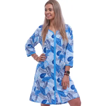 Dámská noční košile Modrý župan nebo košilka pro ženy či dívky celopropínací na zip vzor listí 1XL-4XL 1G0672 modrá 1xl