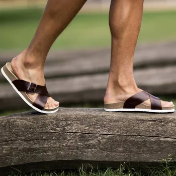 Pánské pantofle Vasky Cork Brown - Pánské kožené pantofle tmavě hnědé | česká výroba ze Zlína 47 EU