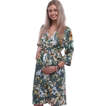 Dámský župan Zelený lehký župan do porodnice na kojení s moderním vzorem pivoněk ve žluté, hnědé, šedé a bílé 1G0692 zelená xl