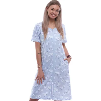 Dámská noční košile Modrý župan nebo košilka pro ženy či dívky celopropínací na zip a bílé květy 1G0700 modrá xl