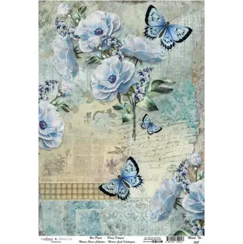 Výtvarný papír Rýžový papír - 1148 - Cadence (Modré květiny s motýly) - A3