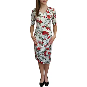 Dámské šaty Šaty Ina bílé s červenými květy a řasením Velikost Ina: 44