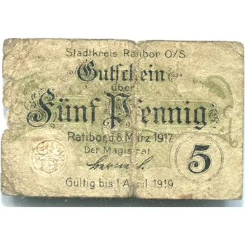 RATIBOR / Racibórz. 5 Pfennig 1917.