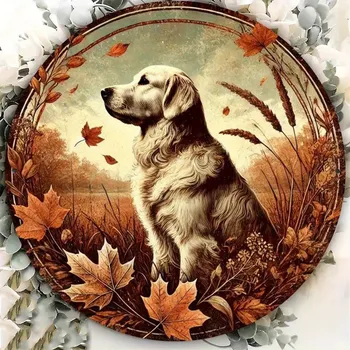 Plechová cedule BAF Kulatá nástěnná cedule Podzim s Retrieverem