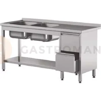 Nerezový dřez Přístěnný stůl se 2 dřezy, zásuvkami a policí 1900x700x850 mm | ASBER, STW-197/2-PL-L-2DR-S