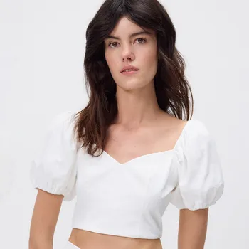 Dámské tričko Reserved - Krátká halenka s balonovými rukávy - bílá - 386FS-00X - 386FS-00X-S