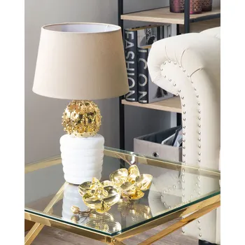 Lampička Stolní lampa zlatá a bílá keramická 43 cm kaktusová tkanina stínítko béžový kabel s vypínačem Moderní design Beliani