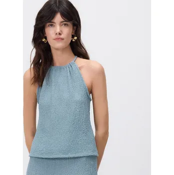 Reserved - Mačkaný top s výstřihem typu halter - bledá zelená - 342GU-07X - 342GU-07X-XS