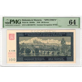 100 Korun 1940 S. 13 B Specimen PMG 64