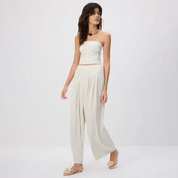 Dámské kalhoty Reserved - Široké kalhoty se záložkami - krémová - YH541-01X - YH541-01X-XS