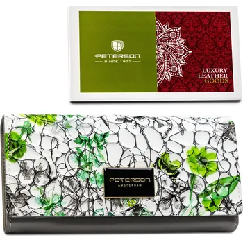 Peněženka Velká, horizontální dámská peněženka z pravé kůže s květinovým vzorem Barva: zelená || šedá || vícebarevná