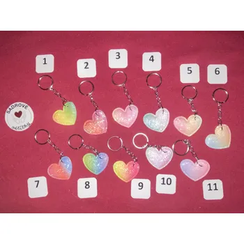 HandMade by VeJa Přívěšek na klíče - látková třpytivo-duhová srdce
