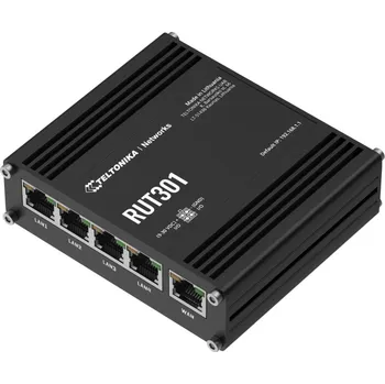 Teltonika RUT301 Router, průmyslový, 4× RJ-45 LAN, 1× RJ-45 WAN, 1× USB, 2× DI/DO, VPN, VLAN, Firewall, RutOS, RMS, IP30, DC 9–30V RUT301000000