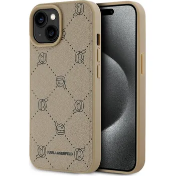Náhradní kryt pro mobilní telefon Karl Lagerfeld PU Karl Heads Pattern Magsafe zadní kryt pro iPhone 15 Beige