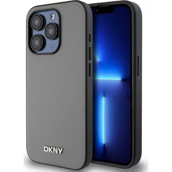 Náhradní kryt pro mobilní telefon DKNY PU Leather Silver Metal Logo Magsafe zadní kryt pro iPhone 14 Pro Max Grey