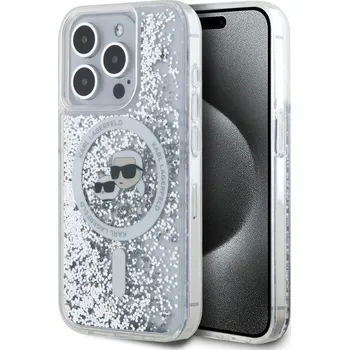 Náhradní kryt pro mobilní telefon Karl Lagerfeld Liquid Glitter Karl and Choupette Heads MagSafe zadní kryt pro iPhone 15 Pro Max Transparent