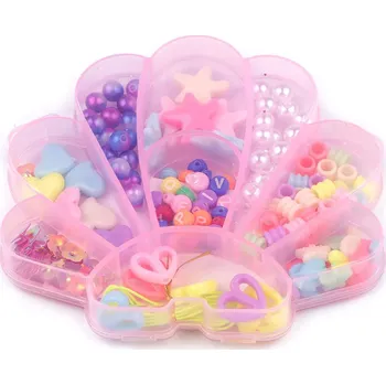 Dětské navlékací korálky Sada korálků s pruženkou v boxu mušle, jednorožec, medvídek, malé, 1 mix růžová sv. mušle