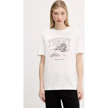 Dámské tričko Bavlněné tričko Tommy Jeans dámské, béžová barva, DW0DW21343 01X, vel. XS