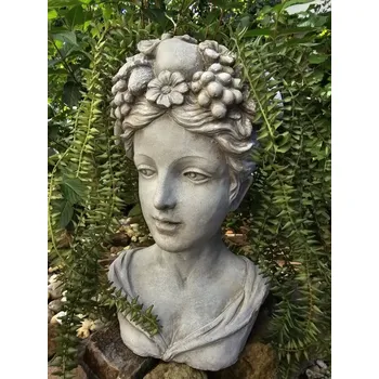 Květináč Šedý antik cementový květináč hlava ženy s květy - 22*21*35 cm