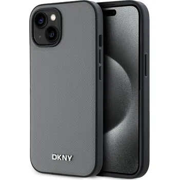 Náhradní kryt pro mobilní telefon DKNY PU Leather Silver Metal Logo Magsafe zadní kryt pro iPhone 14 Grey