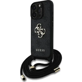 Náhradní kryt pro mobilní telefon Guess PU 4G Metal Logo Crossbody Popruh zadní kryt pro iPhone 16 Pro Black