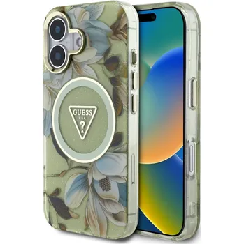 Náhradní kryt pro mobilní telefon Guess IML Glitter Magnolia and Triangle Logo MagSafe zadní kryt pro iPhone 16 Green