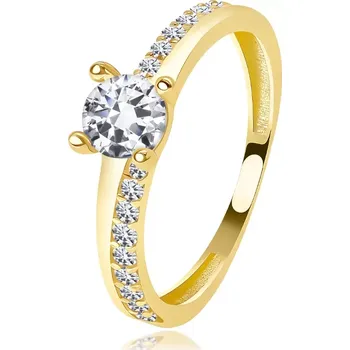 Prsten Zlatý prsten ze 14K žlutého zlata s vyvýšenými zirkony a dělenými rameny - Velikost: 54