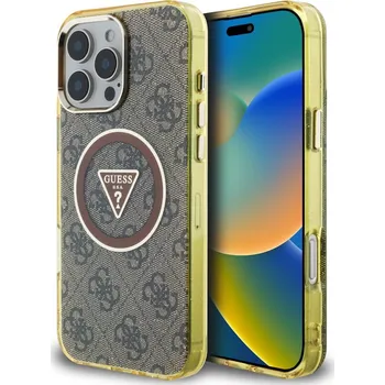 Náhradní kryt pro mobilní telefon Guess IML 4G Glitter and Triangle Logo MagSafe zadní kryt pro iPhone 16 Pro Brown