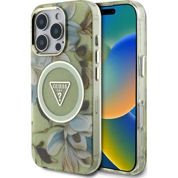 Náhradní kryt pro mobilní telefon Guess IML Glitter Magnolia and Triangle Logo MagSafe zadní kryt pro iPhone 16 Pro Max Green