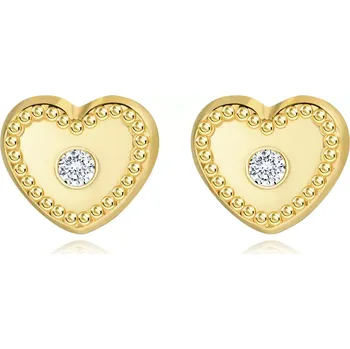 Náušnice Zlaté náušnice 14K srdce s kubickými zirkony a vroubkovaným okrajem