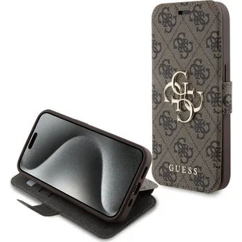 Náhradní díl pro mobilní telefon Guess PU Leather 4G Metal Logo Book pouzdro pro iPhone 15 Pro Max Brown