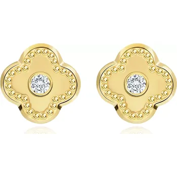 Náušnice Zlaté 14K náušnice čtyřlístek s kubickými zirkony a vroubkovaným okrajem