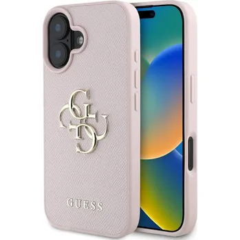 Náhradní díl pro mobilní telefon Guess PU Grained 4G Metal Logo zadní kryt pro iPhone 16 Pink